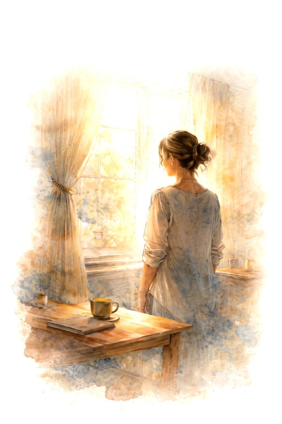 Ilustração em aquarela de uma mulher diante da janela, do capítulo O Elo Perdido